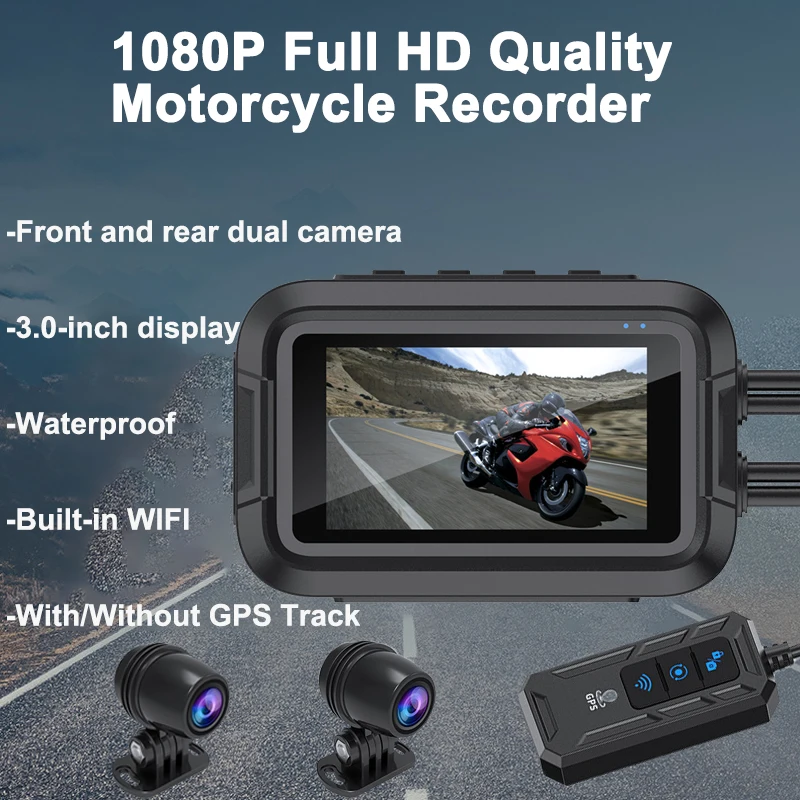 1080p Motocykel Dual Action Camera Recorder DVR predný a zadný pohľad vodotesný fotoaparát Wi -Fi GPS Dash Dash Night Vision Black Box