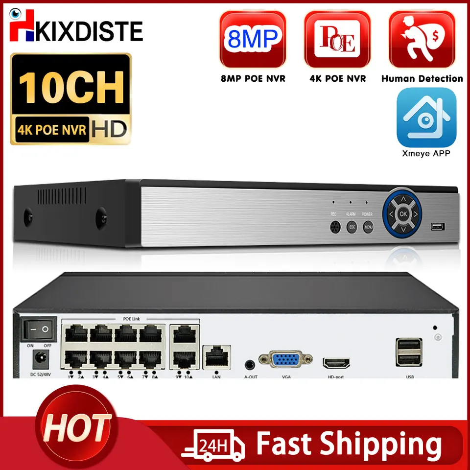 10ch 4K 8MP H.265 Poe NVR rekordér pre HD 4K 3MP 4MP 5MP Poe IP Camera Detekcia ľudskej tváre 48V P2P Video sledovanie poe nvr NVR