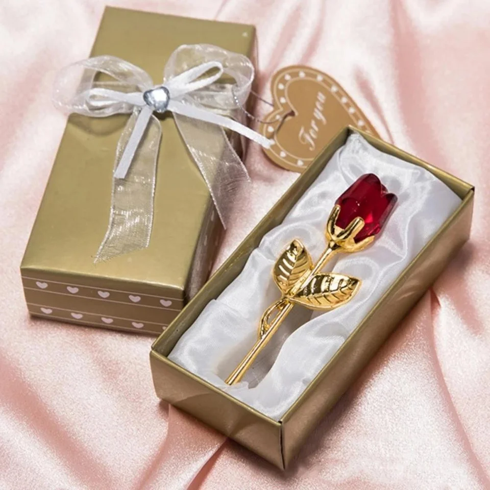 10Color Crystal Glass Rose Filvery Figuríny Craft Artificial Flower s krabicou Valentín Svadobné uprednostňovanie milovníkov darčekový suvenír