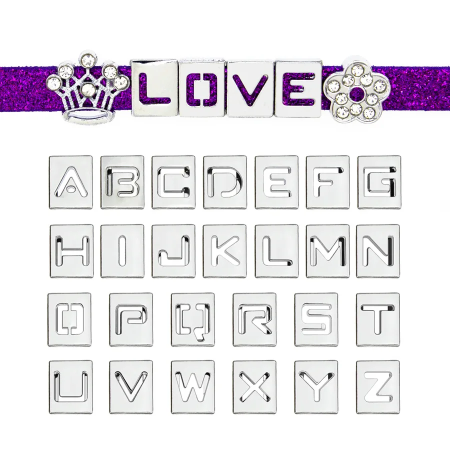 10k/diera 8 mm strieborná farebná dutá posúvacie písmená AZ English Abeceda DIY Slide Charm Fit for Keychains náramok náramku