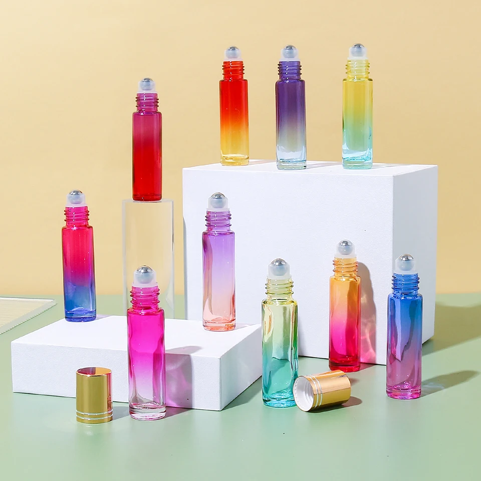 10ks 10 ml gradient Farba Regilble Glass Estercy Olej fľaše s kovovou valčekovou guľou pre parfum vône