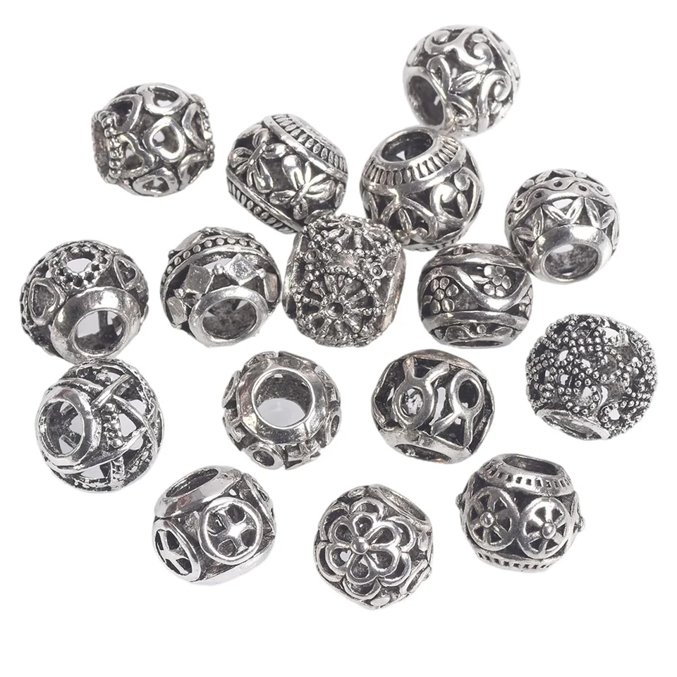 10ks 10 mm ~ 12 mm okrúhle duté kúzla Tibetská strieborná farba uvoľnená korálky s veľkými otvormi pre šperky výroby DIY Európske kúzlo náramok