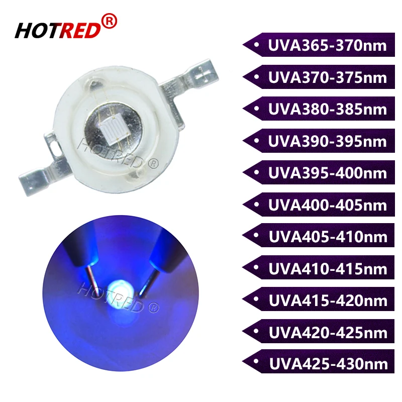 10ks-100ks 3W UV High-Power LED Light Light Light LeD Ultra Violet Purple LED čip 360nm 365nm 370nm 380nm 390nm 395nm 400nm 405nm 430nm 430nm