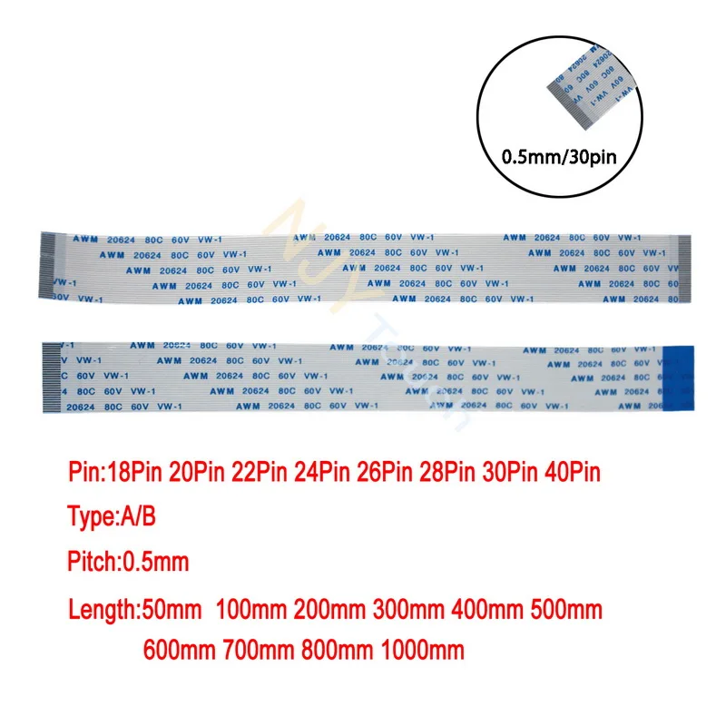 10ks 18 20 222 24 28 28 30 40pin 0,5 mm rozstup FFC FPC AWM 20624 80C 60V VW-1 AB Typ plochý pružný kábel 50-1000 mm