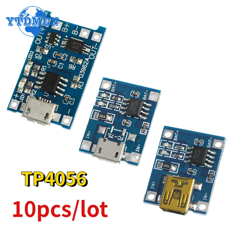 10ks 1a 18650 Lítiová nabíjačka na ochranu batérie typu C/Micro/Mini USB nabíjací modul TP4056 s ochranou One Plate Modul