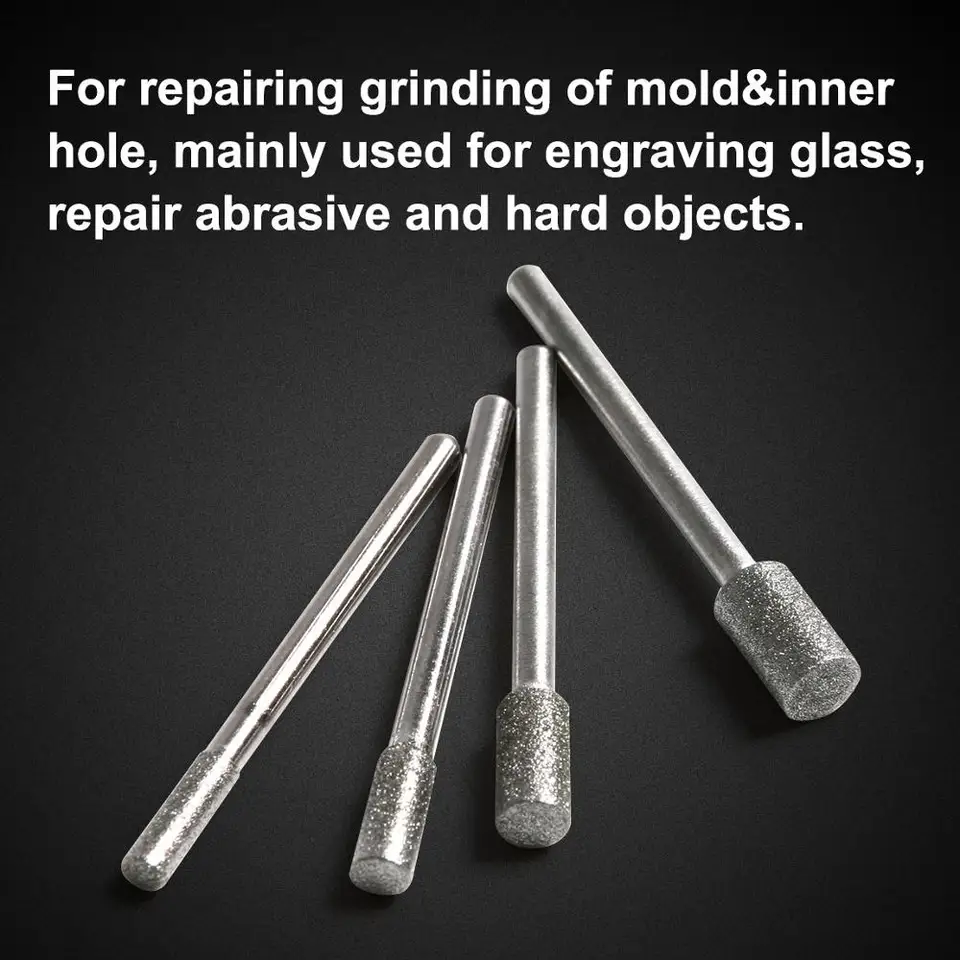 10ks 3 mm driek Diamond potiahnutý valcami na oprave hlavy brúsenie bit 3 mm 4 mm 5 mm 6 mm brúska hlavy Dremel Burrs Rotary Tool