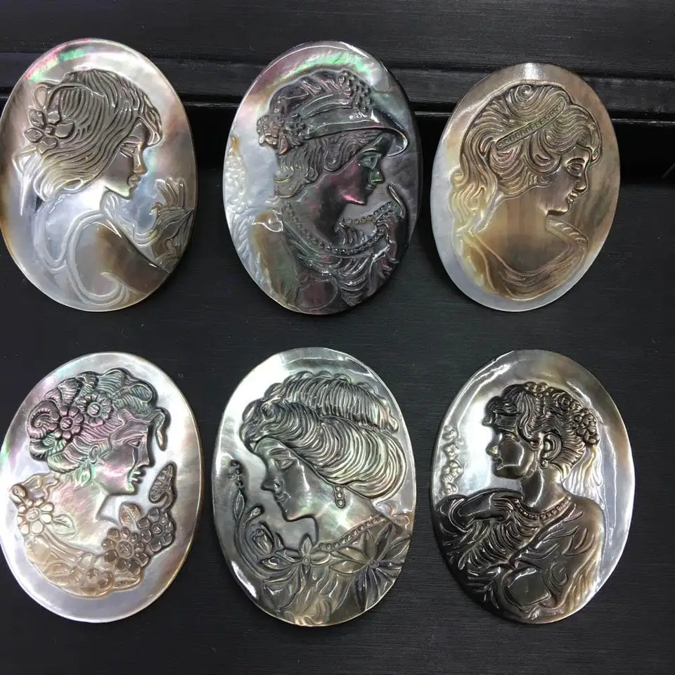 10ks 30*40 mm čierna škrupina vyrezávaná Virgin Mary Oval Cameo Cabochon UNDRILED Shell Stone Cabs