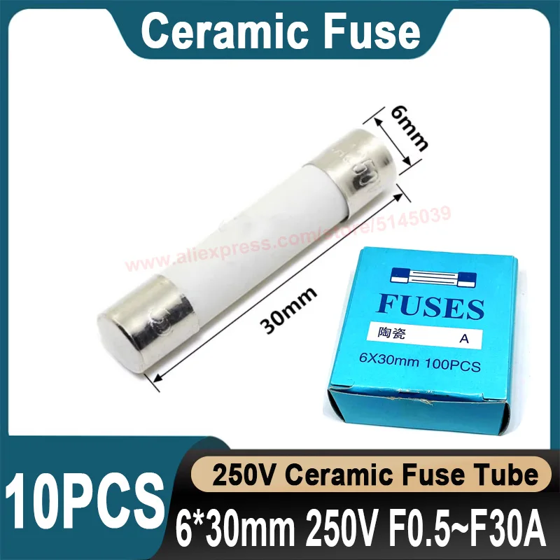 10ks 6*30 keramická poistka 6x30 mm rýchla poistka Rýchly úder 250V 0,5a 1a 2a 3a 4a 5a 6a 8a 10a 13a 15a 16a 20a 25a 30a 30a Ro58 Rýchla poistka
