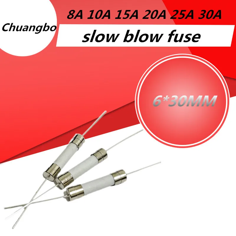 10ks 6*30 mm keramická poistka Rýchle pomalé poistky fúkania trubice s kolíkom 6x30 mm 250V 8a 10a 15a 20a 25a 30a