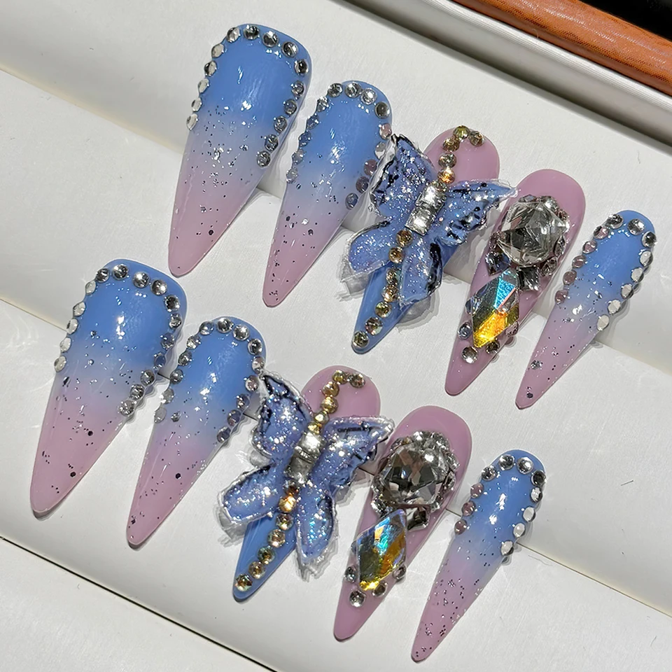10ks dlhé steletto falošné nechty ručne vyrábané luxutné modré fialové lisy na nechty bleskový diamant