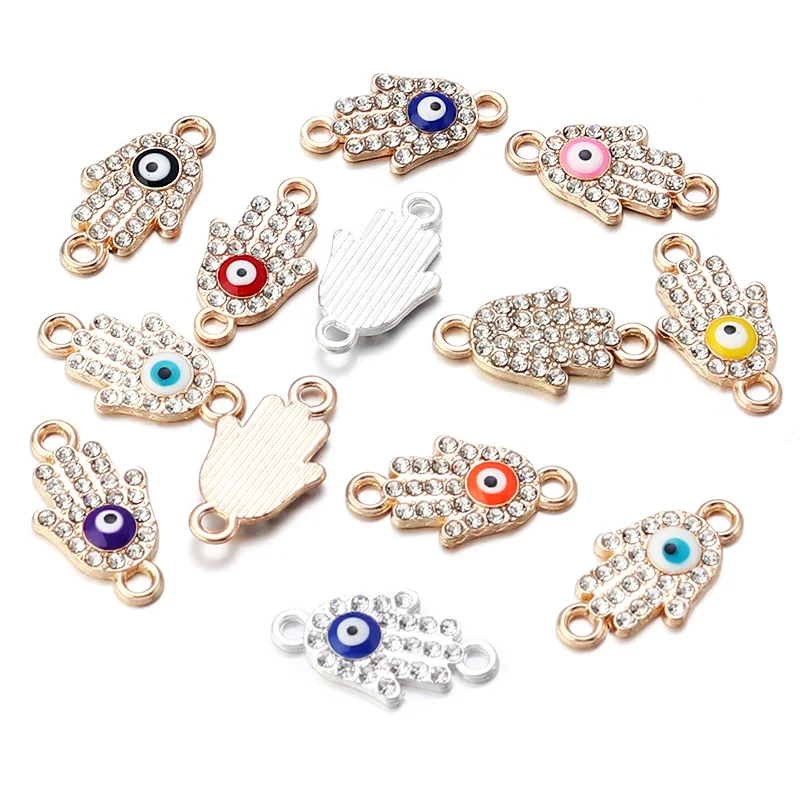 10ks fatima hamsa ruky kúzla pre šperky výroby kovového moriaka modré zlo Eye Double Hole Charm DIY náramok prívesok prívesok