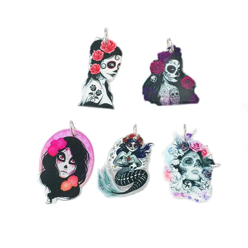 10ks Halloween Day of Dead Charms Creative Acryl Mexican Skull Žena Dievča