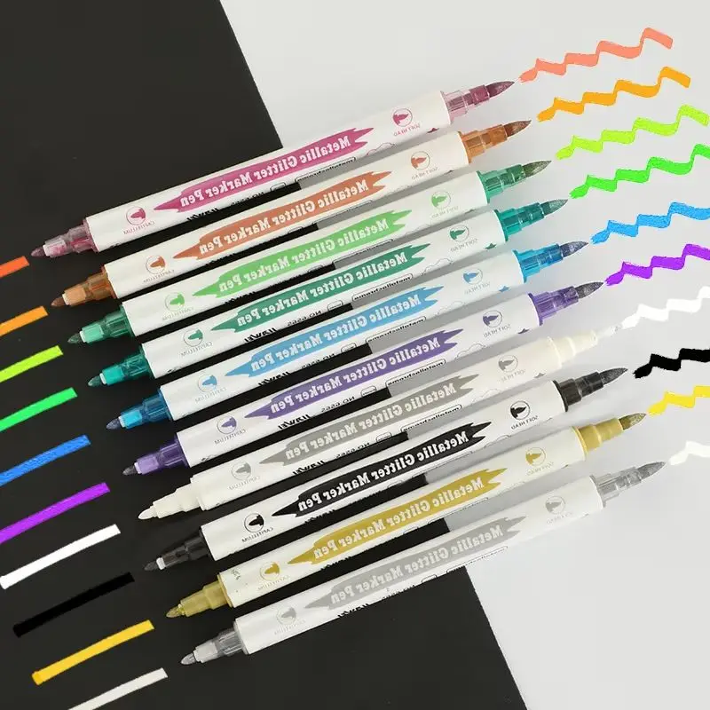 10ks kovové trblietky s dvojitým tipom Marker s kefou a jemnými hrotmi pre album DIY Black Cards Scrapbooking Craft Supplies