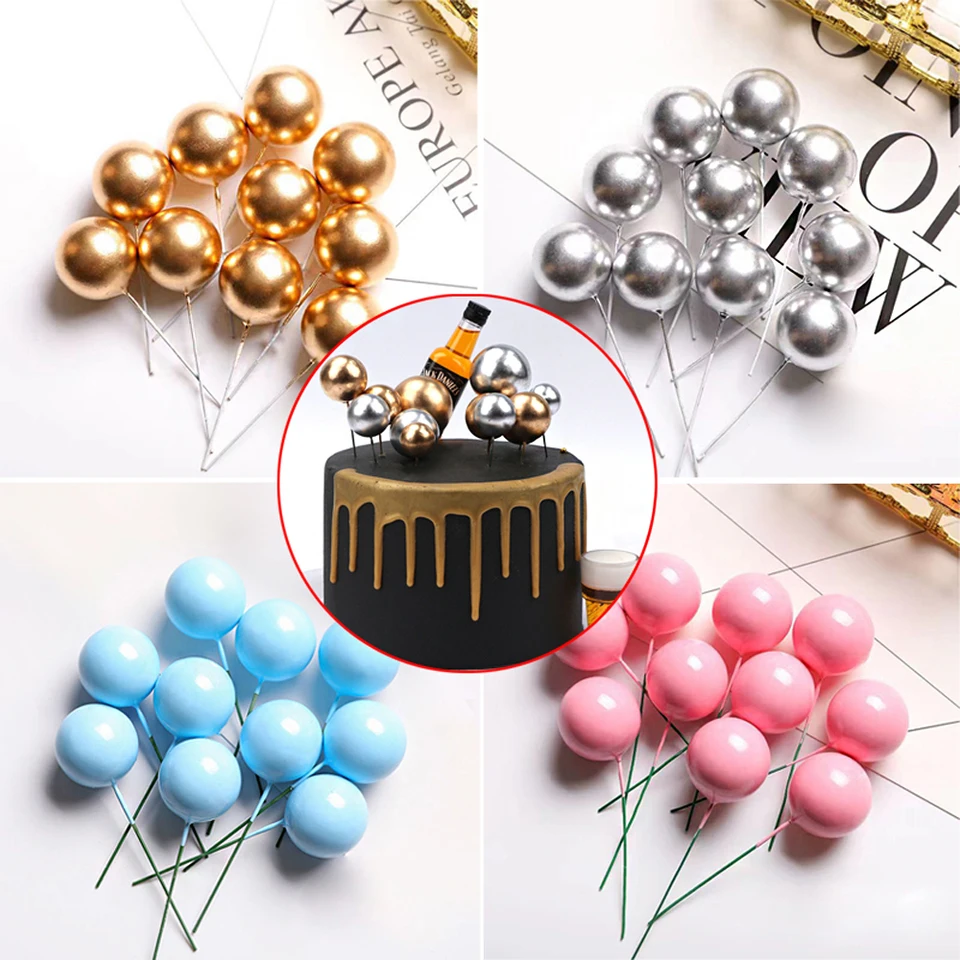 10ks kovový guľový koláč Topper Creative DIY Cake Decor Decor for Wedding Birthday Party dekorácie zlatý strieborný modrý ružový košíček Topper