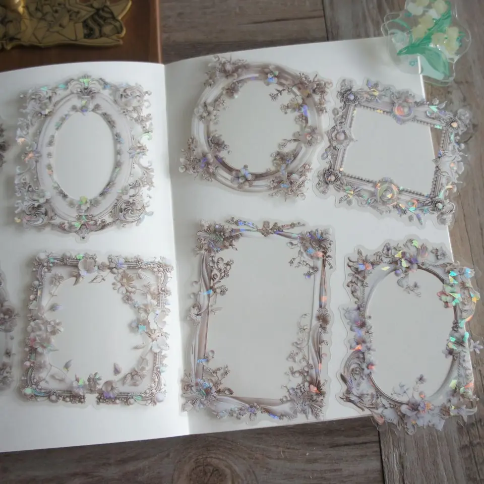 10ks laserový diamant reliéf kvetový rám v štýle PVC nálepka Scrapbooking DIY DIY Balenie značky označenie dekorácie