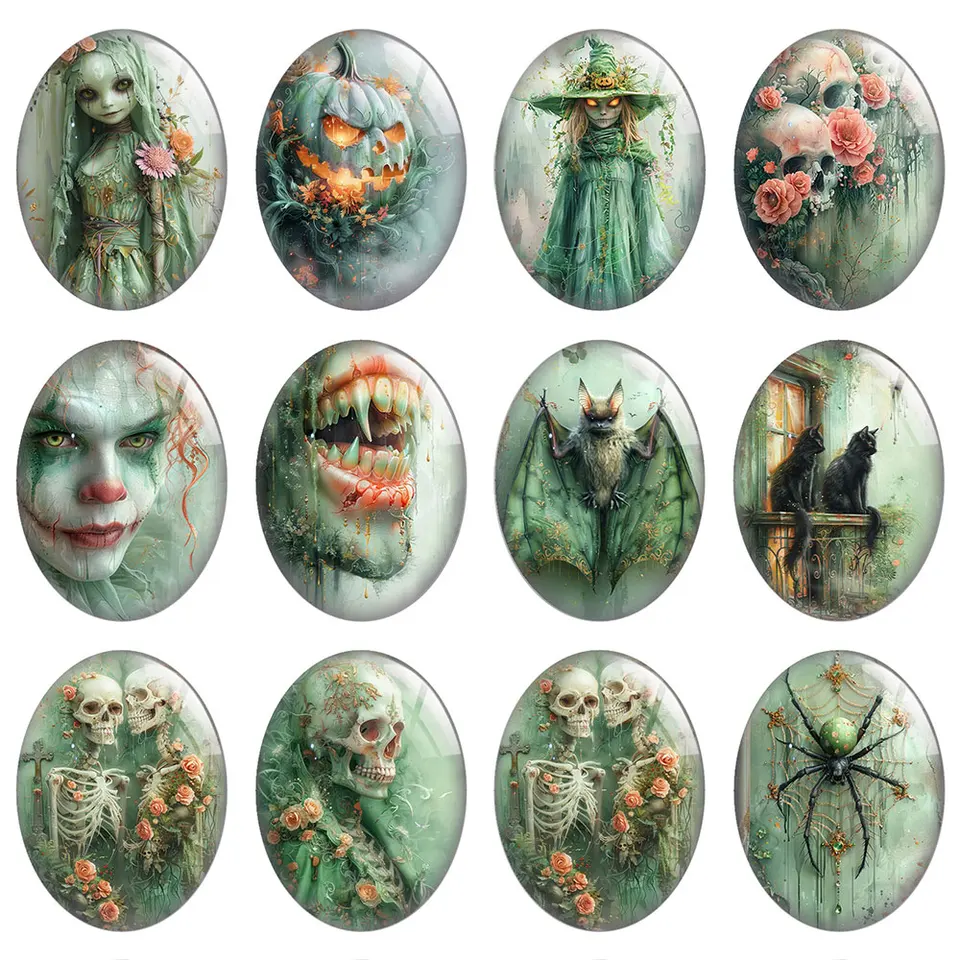 10ks/lot Halloween Green Horror Gothic Death lebka kvet Oval Photo sklo Cabochon Flatback Demo Cameo pre domácich majstrov výroba šperkov