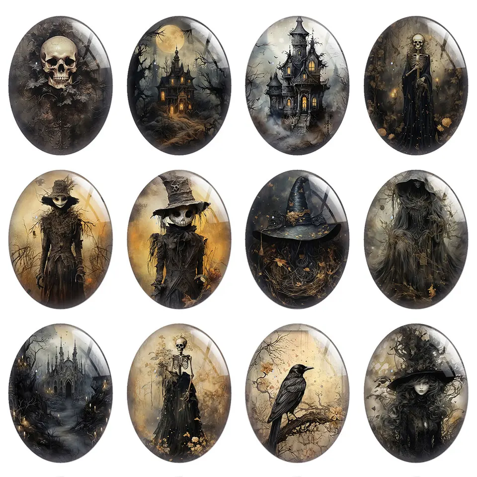 10ks/lot Halloween Horror Gothic Dark Scarecrow Skull lebka Raven Oval