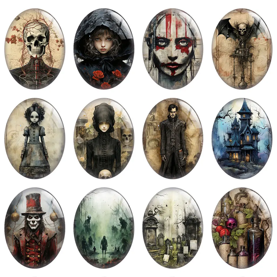 10ks/lot Halloween Horror Gothic Skull Graveyard Bat Vampires Oval Photo Glass Cabochon Flatback Demo Cameo DIY šperky