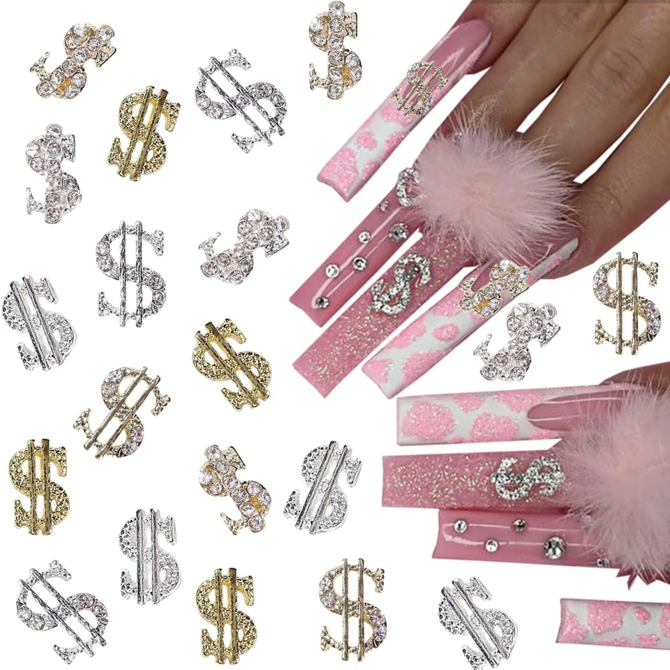 10ks Luxusný dolárový znak nechtového kúzla 3D Glitter Diamond Dollar Symbol zliatiny na nechty dekorácia DIY vynikajúce nechtové príslušenstvo