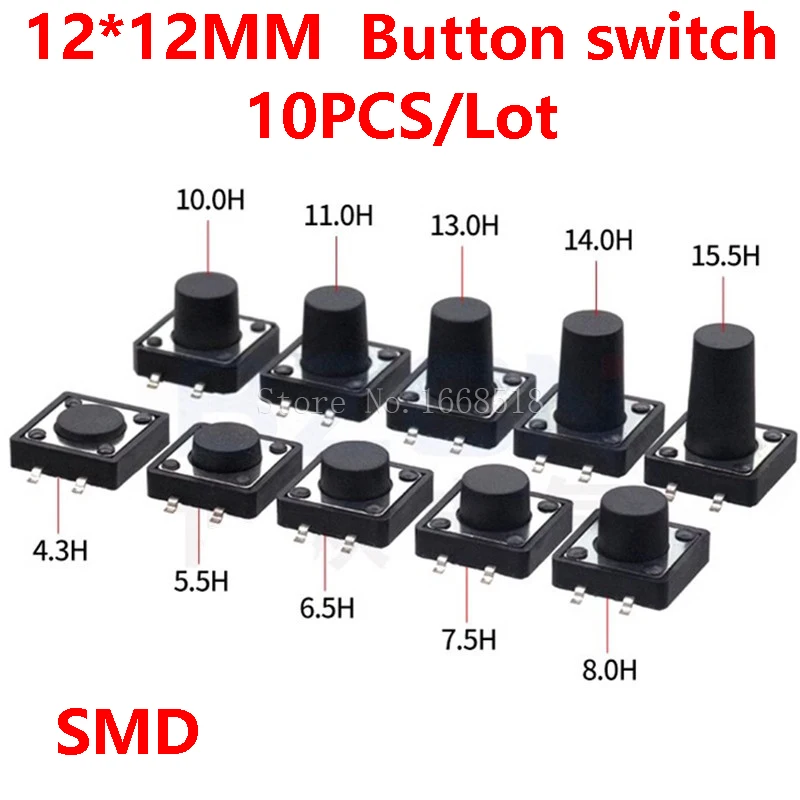 10ks PCB TABLITAT TATIT MINI MINI PUSH TLAČIDLO SMD 4PIN MICRO SWINT 12*12*4,3/5/6/8/8/9 mm 12x12*4,3 mm/5 mm/6 mm/7 mm/8 mm/9 mm