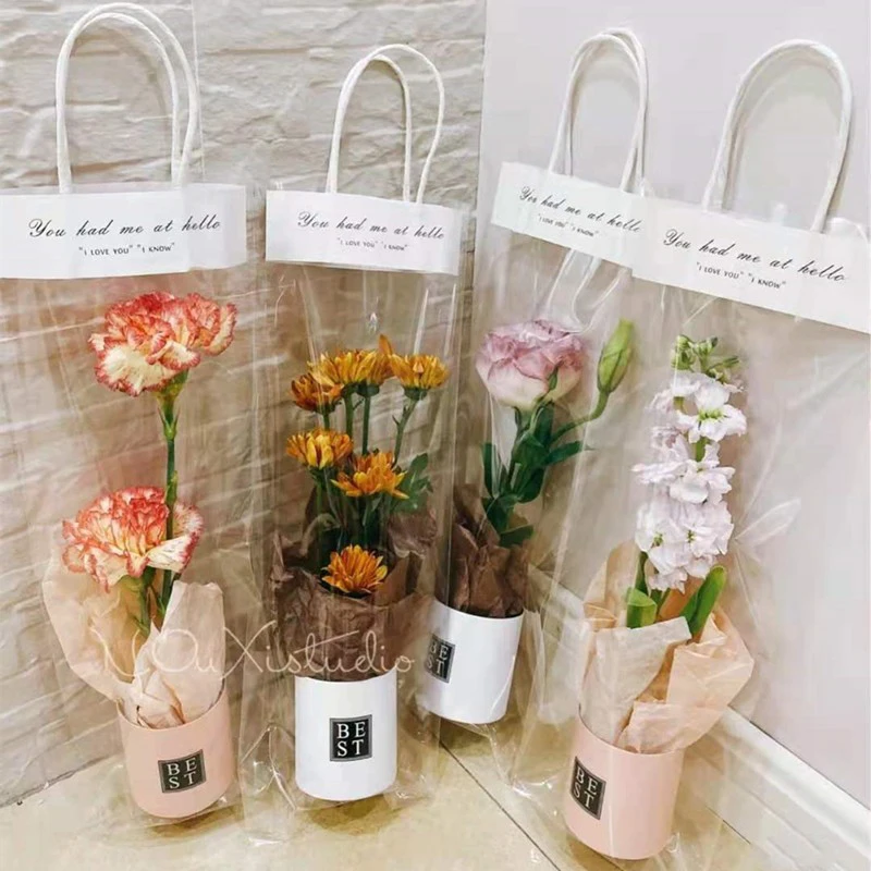10ks priehľadné PVC Long Tote Clear Bag Flower Balenie kvetinové kytice kvetinové kvetinárne dekorácie oslava party darček