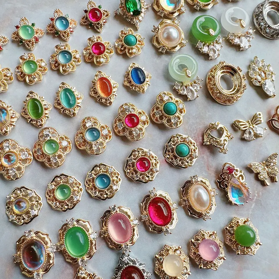 10ks retro palác okrúhle oválne kvety v štýle zirkon kovové nechty šperky dekorácie nechtov na nechty