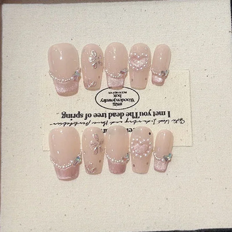 10ks roztomilé ručne vyrobené mačacie oči prášok Pink Love Pearl Art odnímateľný odnímateľný necht Full Cover Press na nechty nositeľné manikúru