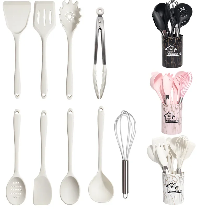 10ks Silikónové varenie riadu Sada nelížkových nástrojov na pečenie panvice ružový kuchynský riad Spatula Spoon Food Tongs Kitchen s krabicou