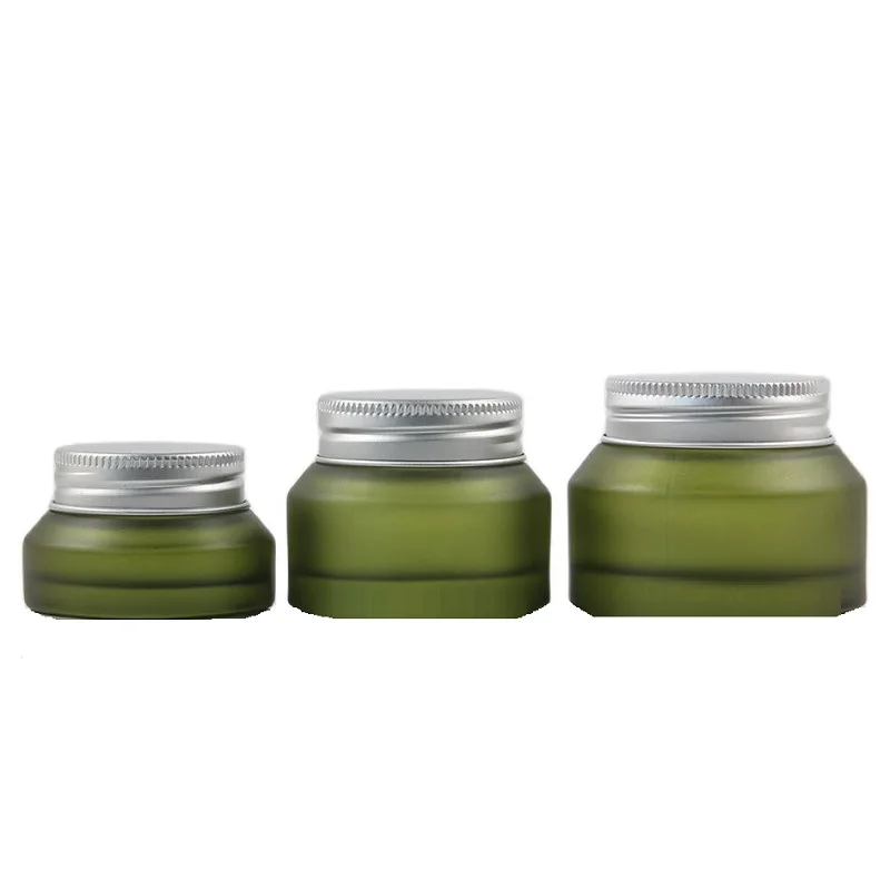 10ks sklenená krémová nádoba Frost Olive Green Silver Hliníkové veko prázdne kozmetické obalové nádoby na doplnenie fľaše 15g 30 g 50 g