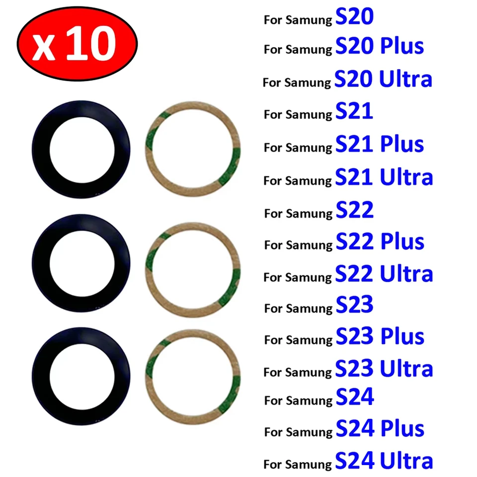 10ks, sklenená sklenená šošovka so zadnou zadnou kamerou pre Samsung S20 S21 S22 S23 S24 plus ultra fe 5g s lepidlom