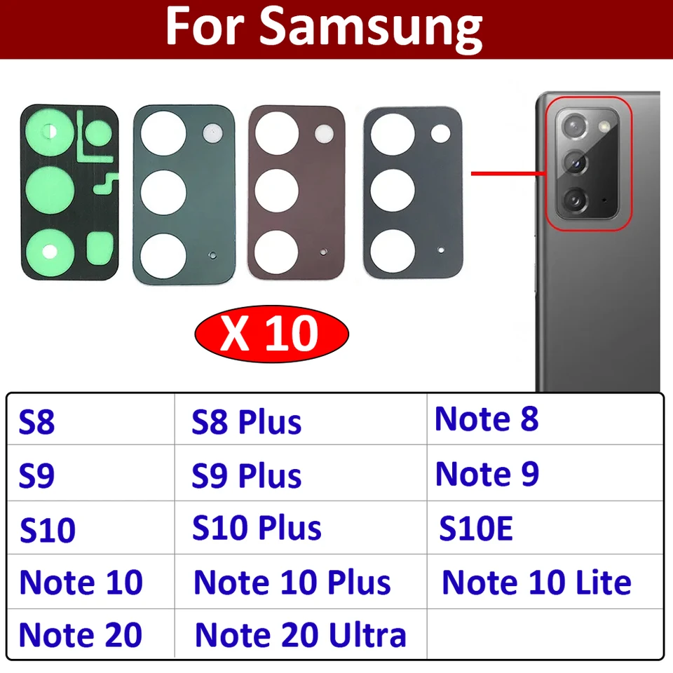 10ks, sklenená šošovka zadnej zadnej kamery pre Samsung S8 S9 S10 plus 5G S10E Poznámka 8 9 10 plus lite 20 ultra s lepiacou nálepkou