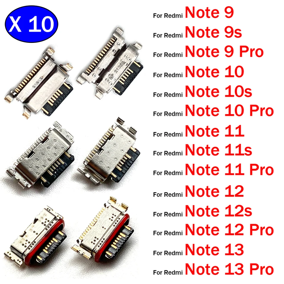 10ks, USB Jack nabíjanie nabíjacích nabíjacích nabíjacích nabíjačiek pre konektor Xiaomi Redmi Poznámka 9 9S 10S 11 11S 12S 12S 13 Pro Plus 4G 5G