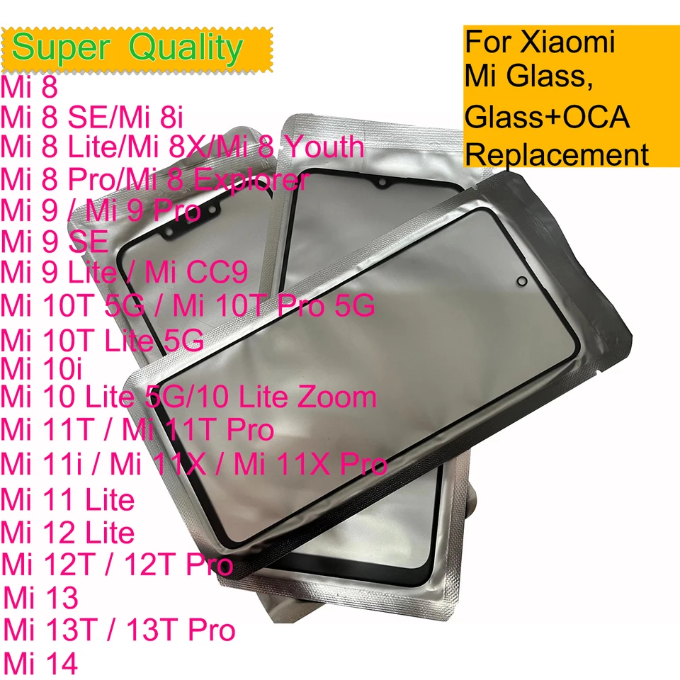 10ks/veľa pre Xiaomi Mi 14 13 13T 12T 12 Lite 11T 11I 11x 10t 9 Lite SE 8 Pro 8i Panel dotykovej obrazovky predné vonkajšie sklo s OCA