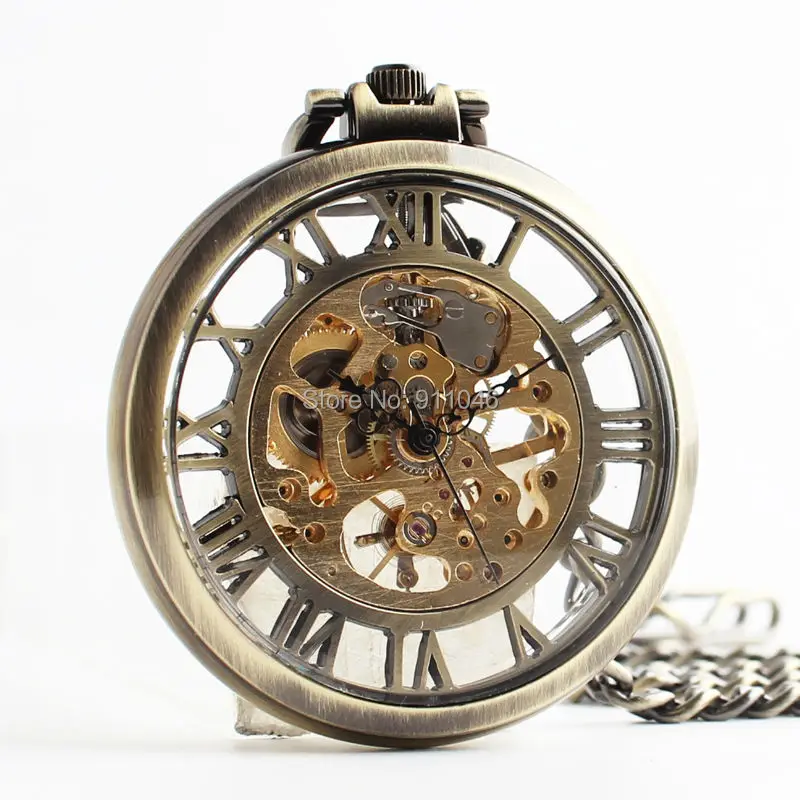 10ks/veľa vintage bronzového dutého rímskeho vytáčania Mechanické ručné vrecko na veterné hodinky Antique Skeleton Men vreckové hodinky Veľkoobchod
