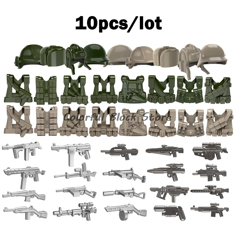 10ks/veľa zbraní doplnky Khaki Tmavej zelenej vojny vybavenie Gun Hat Building Blocktoy Detský darček k narodeninám