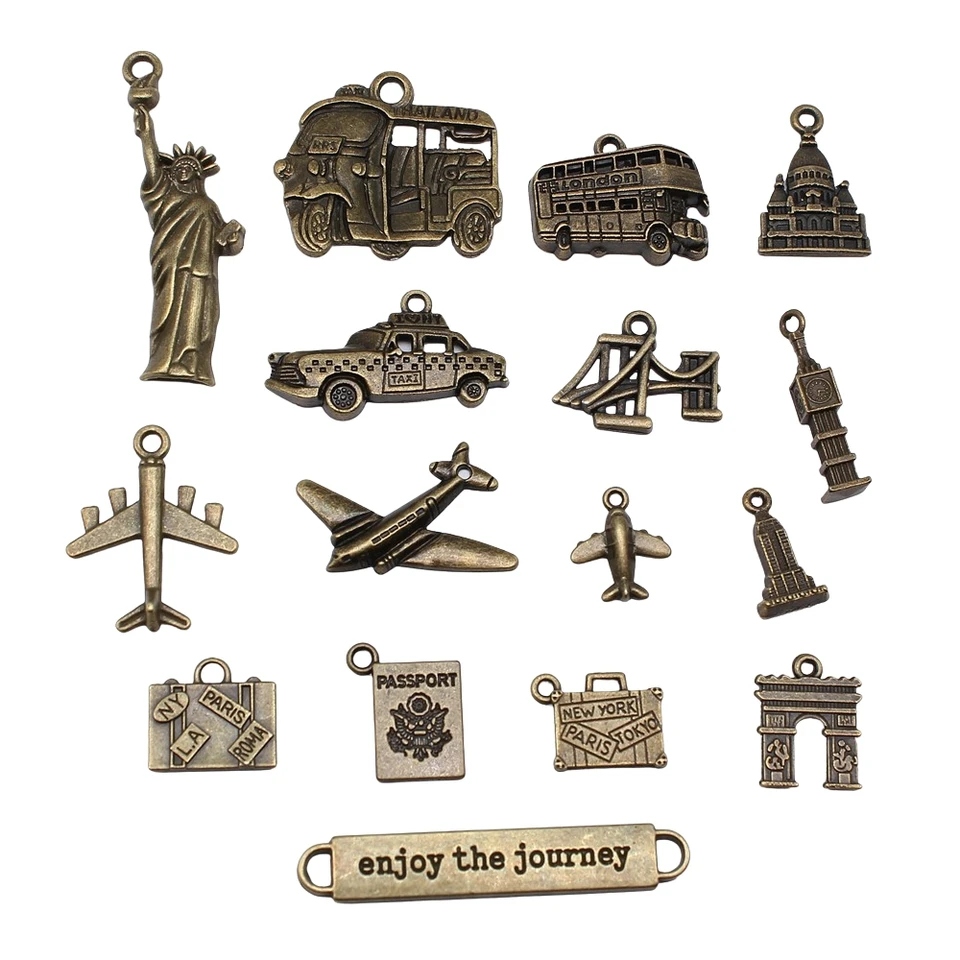 10ks Vintage bronzová farba cestovná cesta lietadlá pas pas kmeň kúzla šperky výroby pre náhrdelník Náramok Keychain výroba