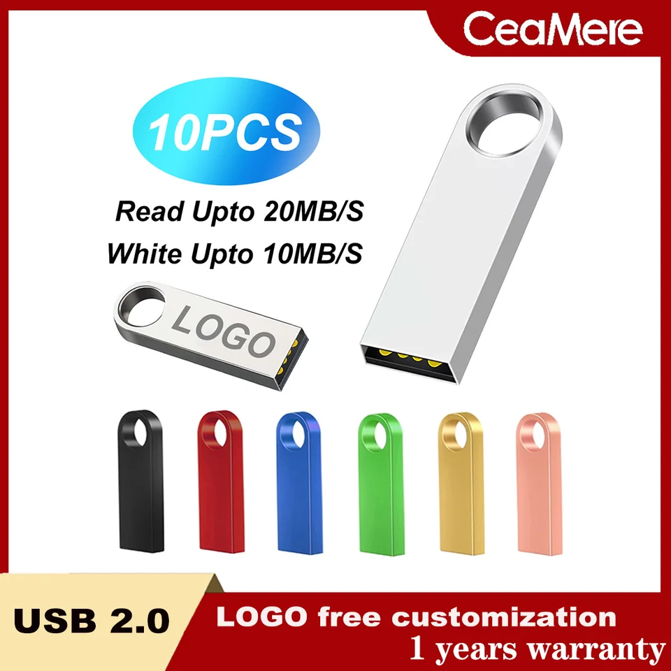 10ks vysokorýchlostné kovové kovové u diskové pero jednotka USB 2.0 Flash Drive Pamäťová palica 2 GB 4 GB 8 GB ZADARMO Vlastné logo 16 GB PEN Drive 32 GB