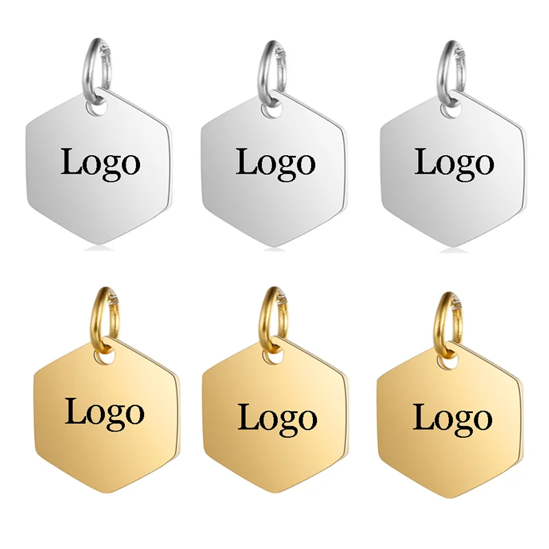 10ks zadarmo rytiny leštená z nehrdzavejúcej ocele Vlastné šesťuholníkové značky Logo Charm pre DIY šperky na náramok náramku náhrdelníkov