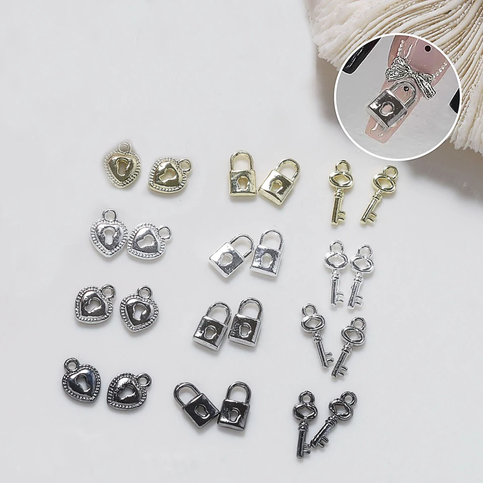 10ks zlatý strieborný kovový zámok Key Key Decotion Decotion Luxus Love Heart Lock Key šperky na nechty Charm