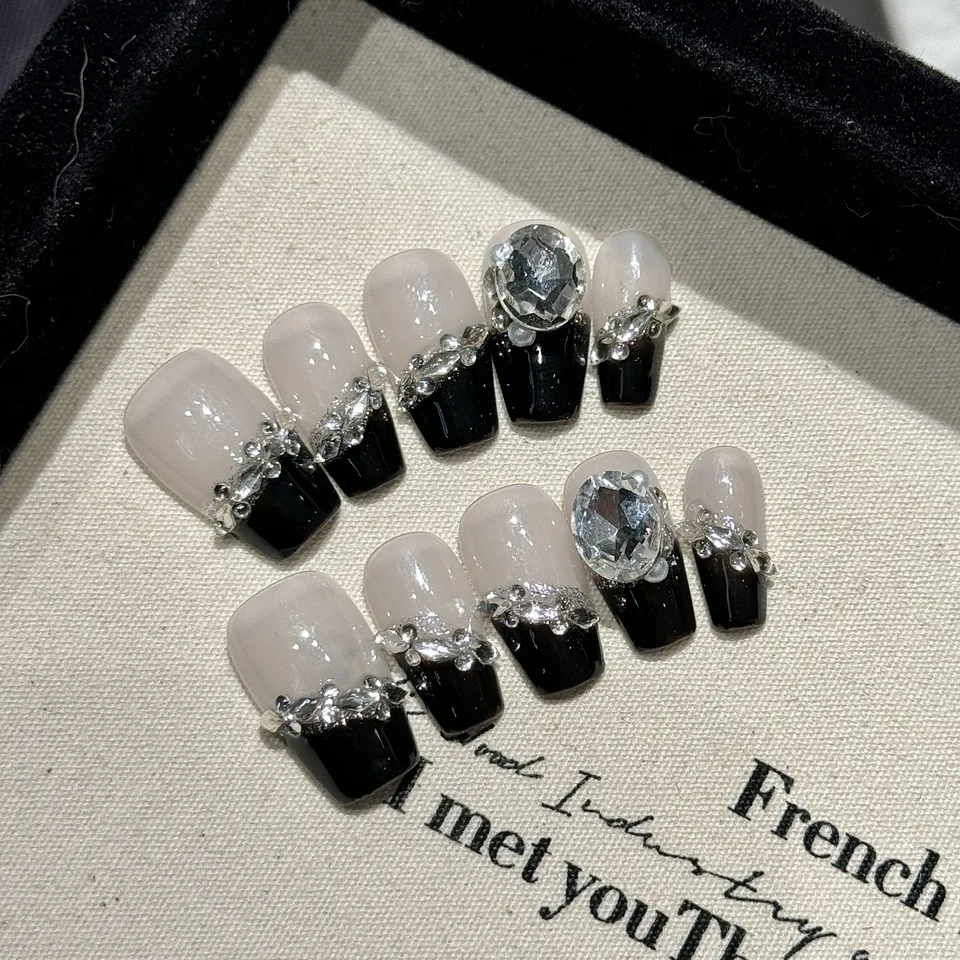 10ks čierne francúzske falošné nechty Diamonds Press na falošné nechty s lepidlom Elegantné akrylové medzeru v celej rakve Full Cover Falošné tipy na nechty