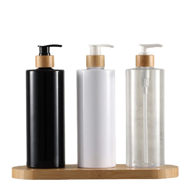 10ks/šarža prázdna plastová fľaša ploché rameno Čierne biele 300 ml 500 ml Lotion Press Pump Čerpadlo Drevené kozmetické doplňovateľné fľaše