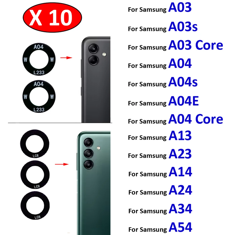 10ks/šarža Zadná zadná sklenená sklenená kamera pre Samsung A03 A03S A04 Core A04S A04E A14 A24 A34 A54 A13 A23 4G 5G s lepidlom