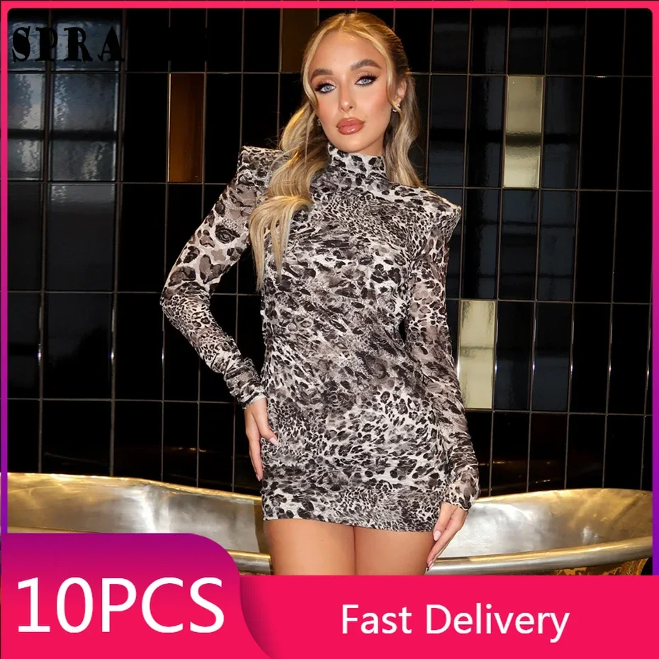 10ks šaty pre ženy pre ženy s dlhým rukávom Leopard Tlačte Slim Mini Dress Party 2025 Spring Fashion Wholesale Bulk Y2K S14810