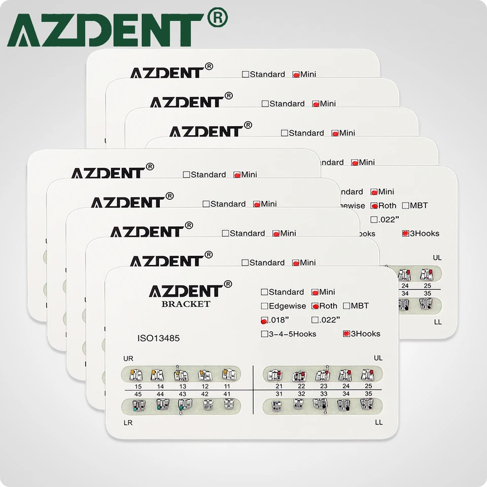 10packs azdent zubné kovové držiaky Ortodontic Brace Mini Standard Roth MBT slot 0,022 0,018 háčiky 345 Ortho Material Lab Lab