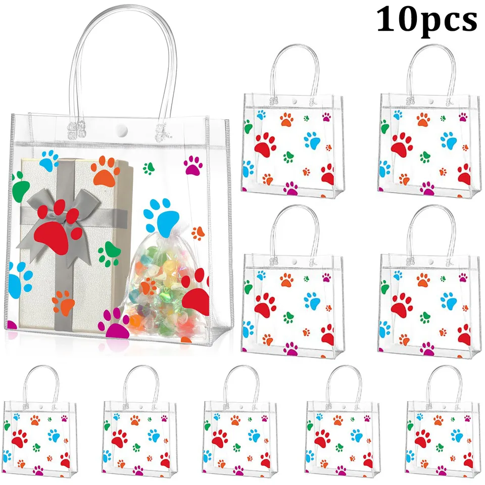 10packs Dog Paw Clear PVC Darčekové tašky s rukoväťou priehľadné tašky na dobroty pre šteňa Pet Pet Party Barlading Party Svadba svadby
