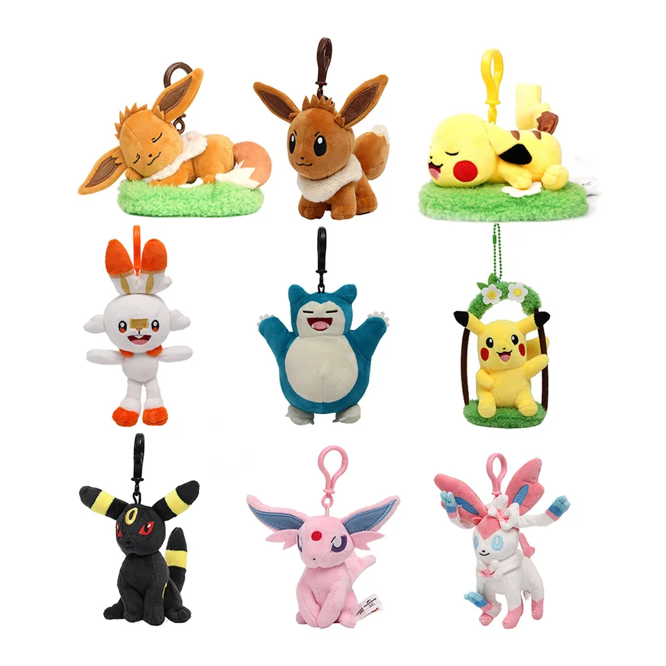 10pcs Originálny originálny Pik Sco Sno Syl Umb Eev esp Umbreon Eevee Snorlax Scorbunny Sylveon 12-17cm Clip Pendant Plush Plush Doll Toy