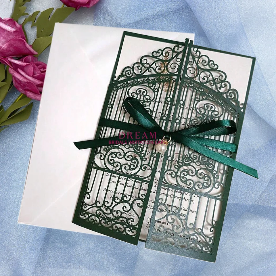 10set Green Pearl Paper Wedding Invitation karta s obálkou vložky a pozvánky na zapojenie pásky