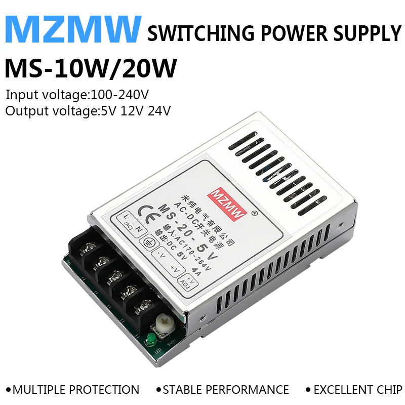 10W 20W prepínací napájací zdroj 5V 12V 24 V Mini veľkosť striedavého striedavého spínača LED diódy pre jednotlivé výstupy LED diódy pre monitor MS-10 MS-20