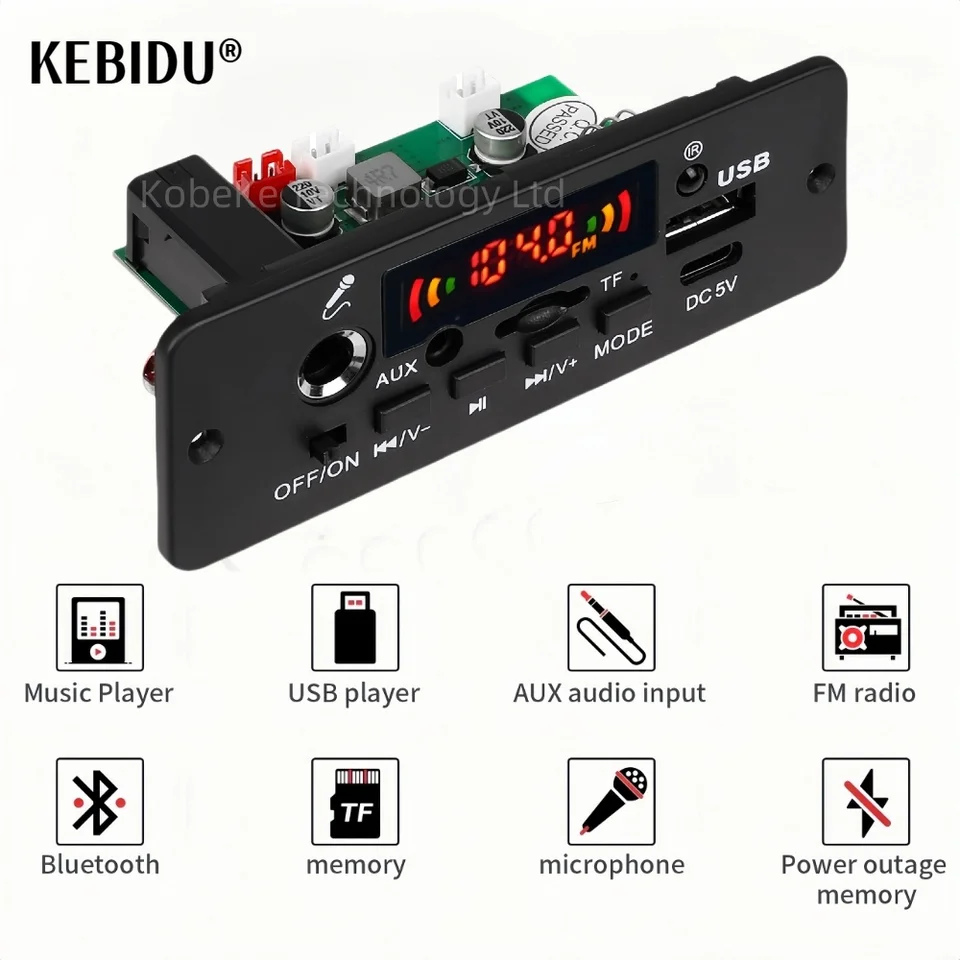 10W zosilňovača Bluetooth 5.0 mp3 Decoder Board 5V CAR MP3 prehrávač USB FM Nahrávanie priečinka Prepínanie mikrofónu Handfree Control