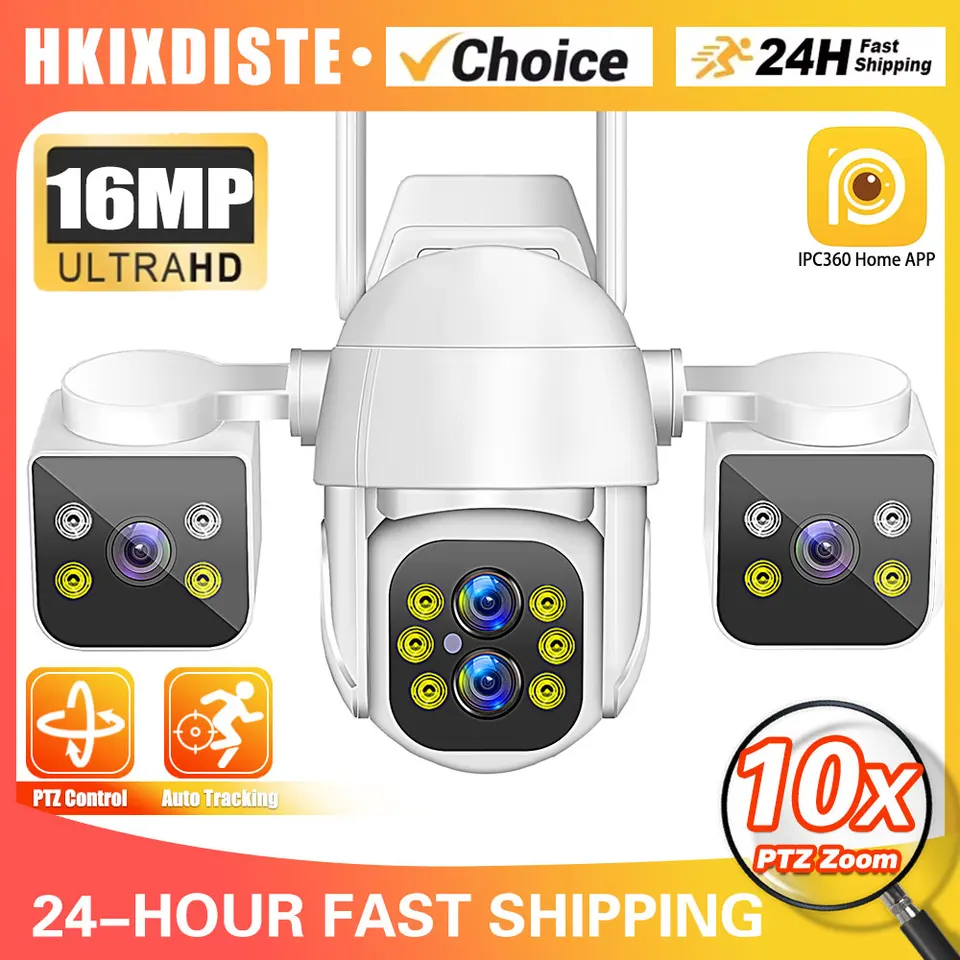 10x PTZ Zoom 16MP Multi objektív Nové WiFi Rotattable Outdoor Troj rozdelené obrazovky Domov CCTV Camera Nastaviteľná šošovka IP bezpečnostné kamery